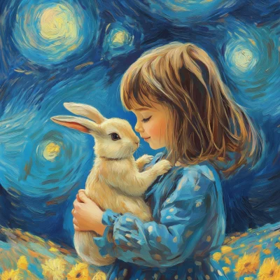 Girl with Rabbit under Starry Sky