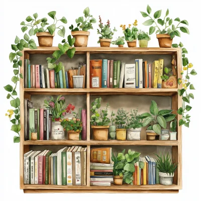 Watercolor Bookshelf with Plants