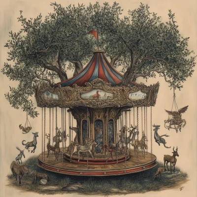 Whimsical Carousel in Olive Tree Forest