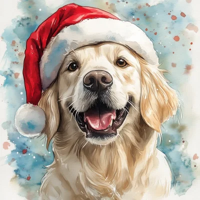 Smiling Golden Retriever in Santa Hat