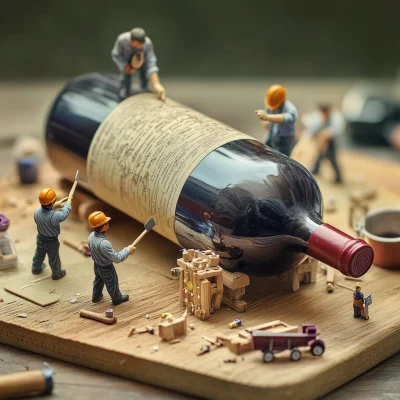 Tiny Workers Labeling Wine