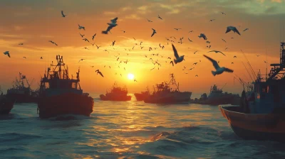 Fishing Boats at Sunset