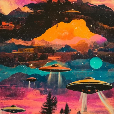 Collage Style UFOs in Night Sky