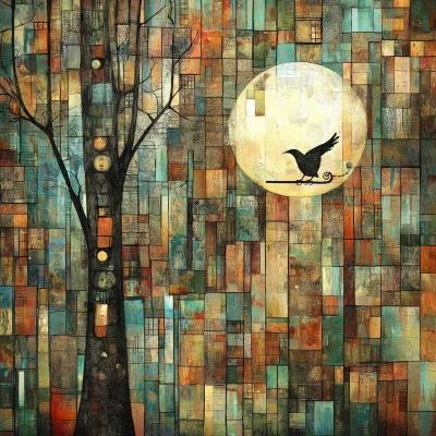 Cubism Moon and Crow Abstract