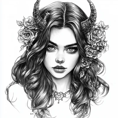 Girl with Horns and Flowers