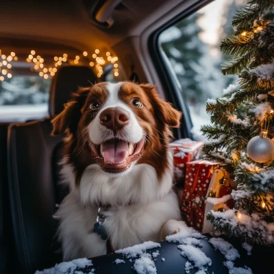 Happy Dog in Christmas Car