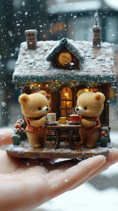 Tiny Bears in a Cafe