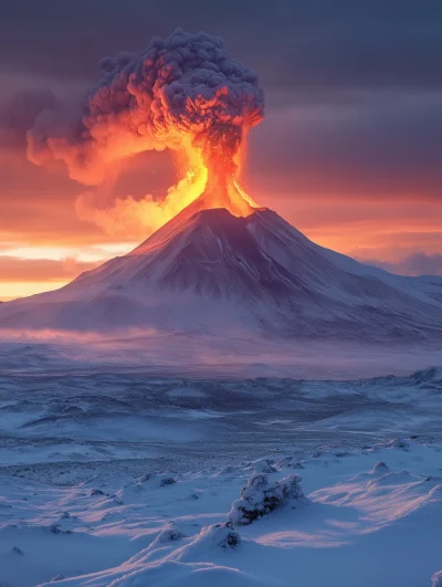 Eruption of a Tall Volcano in Winter