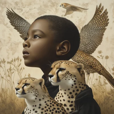 Young Boy with Falcon and Cheetah