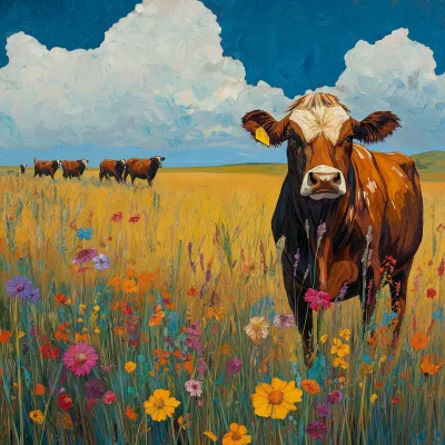 Hyland Cows in a Colorful Field