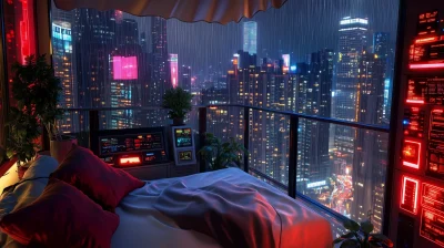 Futuristic Balcony Overlooking Cyberpunk City