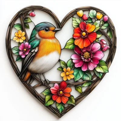 Stained Glass Heart Frame with Robin