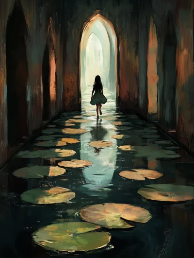 Young Girl Hopping on Lily Pads