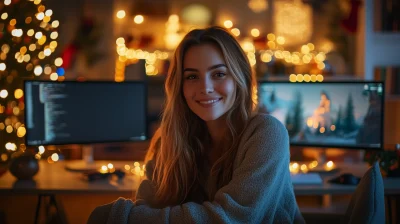 Joyful Woman in Christmas Workspace