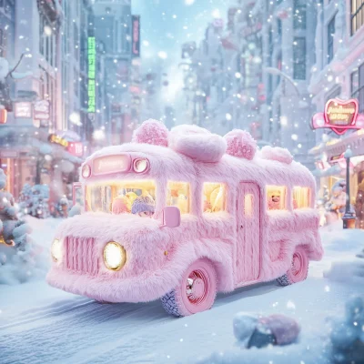 Cozy Pink School Bus in Winter