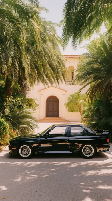 Black BMW M3 E30 at Mansion