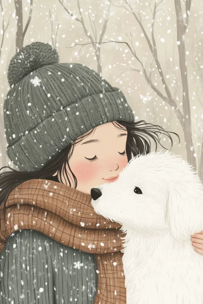 Cute Girl and Dog in Snow