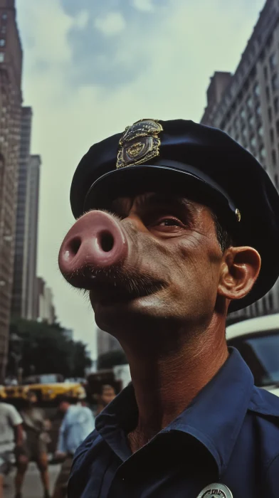 Cop with Pig Nose in Street