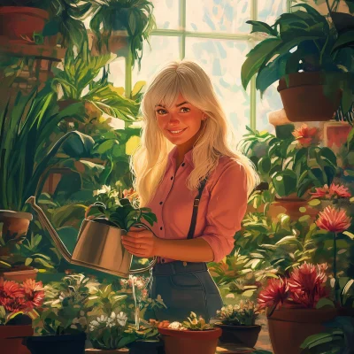 Happy Woman Watering Plants