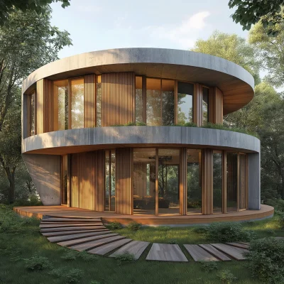 Circular Wooden and Concrete Home