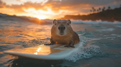 Capybara Surfing at Sunset