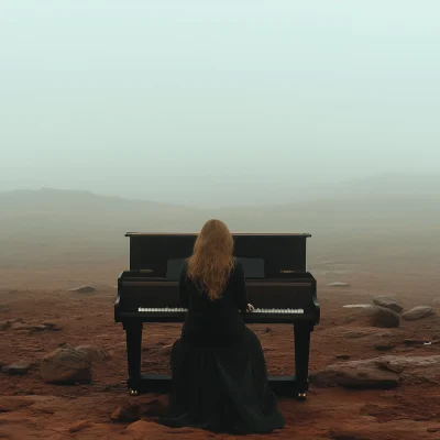 Woman Playing Piano Among Red Rocks