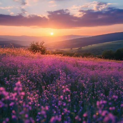 Field of Purple Flowers at Sunrise