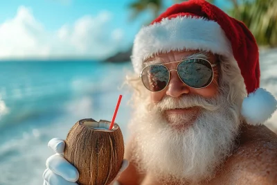 Santa Claus Enjoying a Tropical Drink