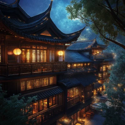 Ancient Chinese Tavern at Night