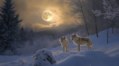 Wolf Family Under Full Moon