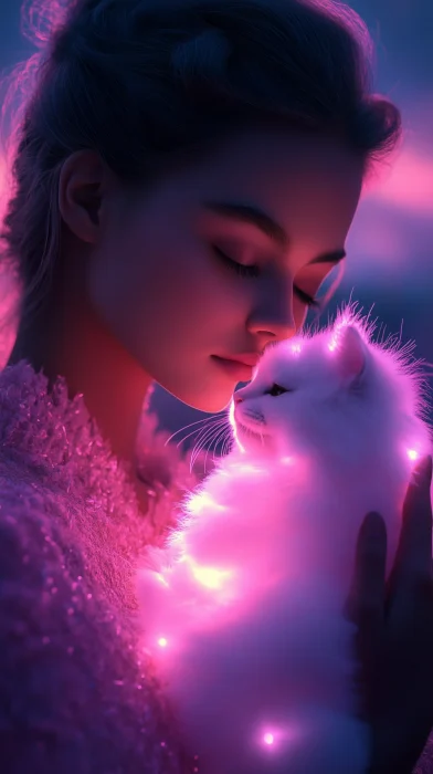 Dreamy Woman and Bioluminescent Cat