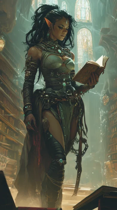 Elven Sorceress in a Library