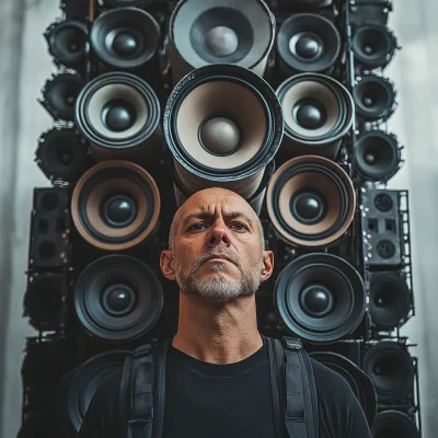 Man Surrounded by Loudspeakers