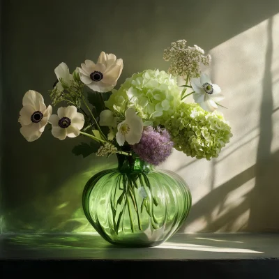 Green Glass Vase with Flowers