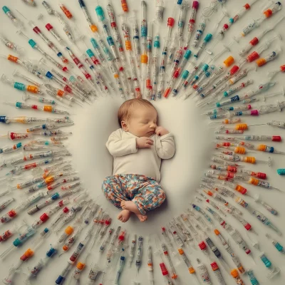 Newborn Surrounded by Syringes