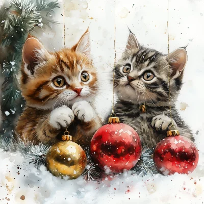 Cats Playing with Christmas Ornaments