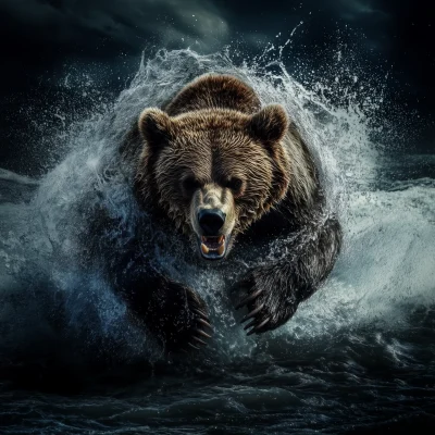 Angry Grizzly Bear Splashing Through Water