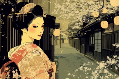 Elegant Oiran in a Nostalgic Setting