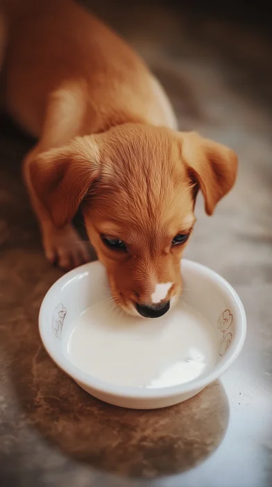 Cute Red Puppy Drinking Milk