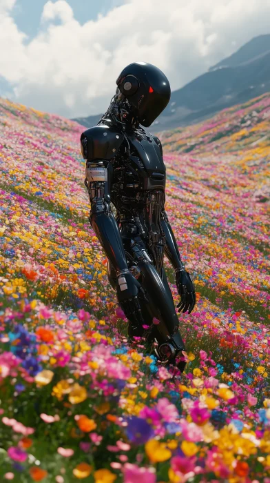 Cyberpunk Robot in Flower Field