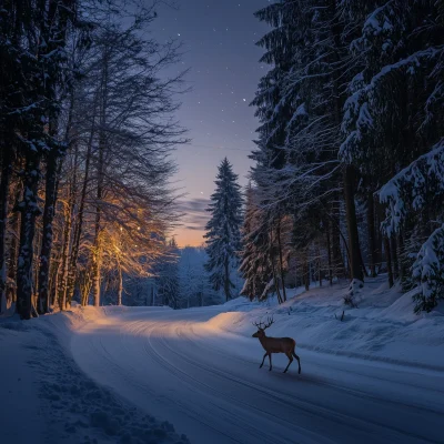 Snowy Road with Deer