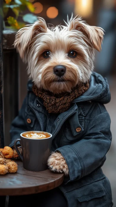 stylish humanoid dog at café