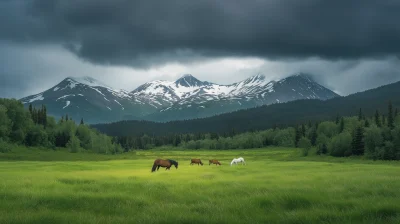 Horses in a Green Meadow