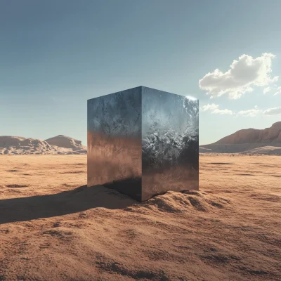 Elemental Steel Cube in Desert