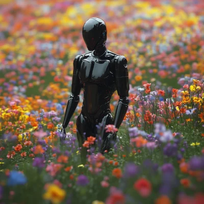 Cyberpunk Robot in Flower Field