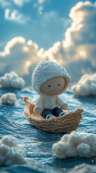 Woven Boy Doll in a Wool Boat