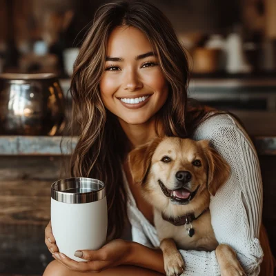 Smiling Pet Owner with Wine Tumbler