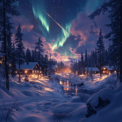 Northern Lights over Snowy Forest