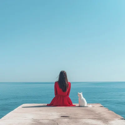 Woman in Red Dress by the Sea