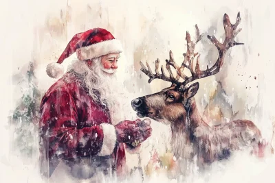 Christmas Santa Claus and Reindeer Watercolor Poster